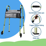 Loyoda Folding Walkers for Seniors,FSA/HSA Eligible Medical Walker with Storage Bag and Glide Skis 5'' Front Wheel Lightweight Walker Height Adjustable Aluminum Standard Walker for Disabled (Green)