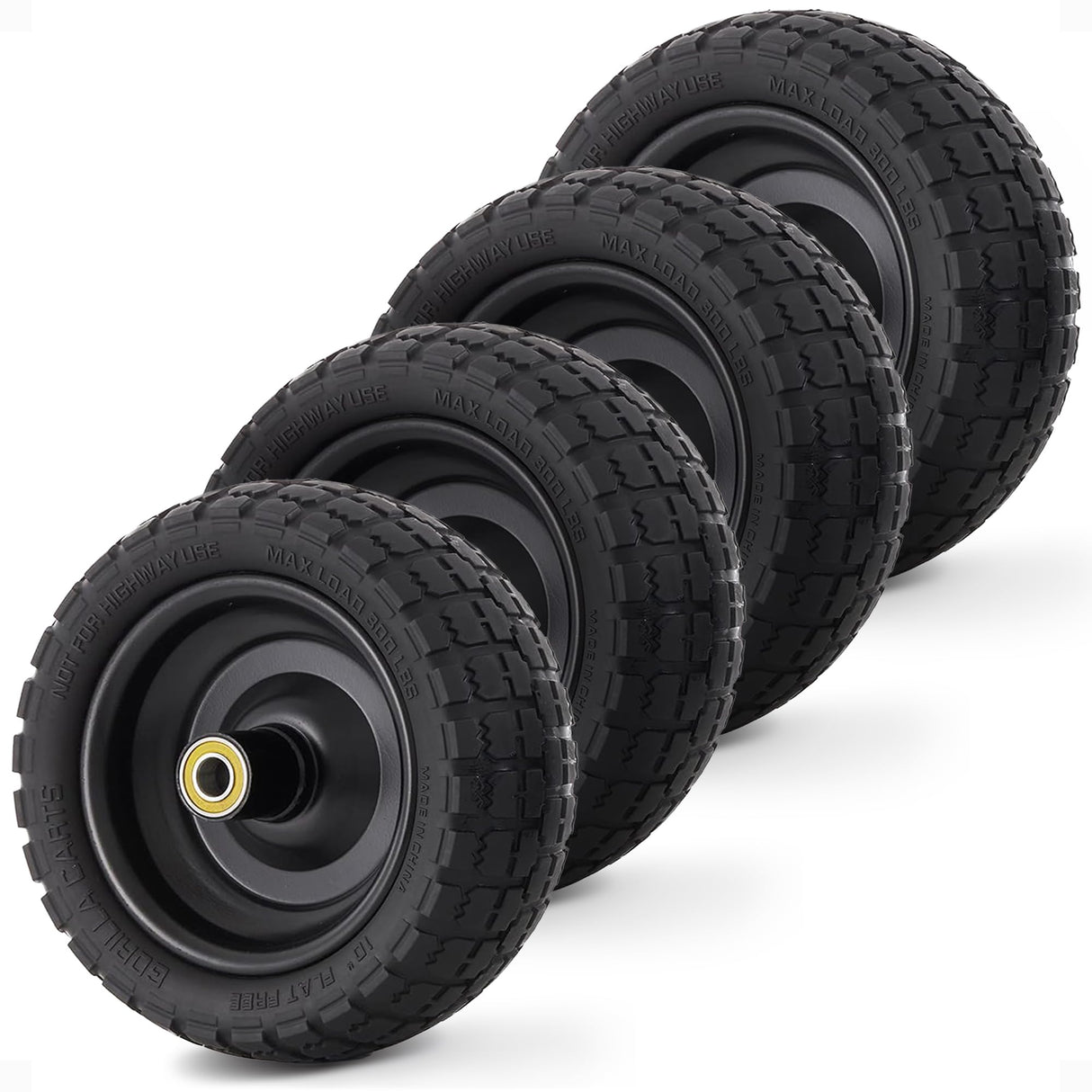 Gorilla Carts 4- Pack 10 Inch No-Flat Replacement Wheels, Heavy Duty Solid Tire - Airless Polyurethane Tires w/ 2.16” Hub, 5/8” Bore for Lawn & Garden Utility Cart and Hand Truck