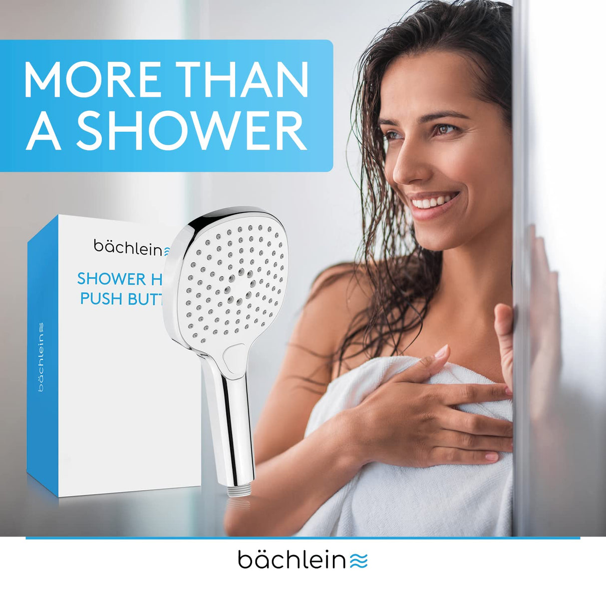 Bächlein Universal Shower Head - Shower Head with 3 Spray Types, Easy to Change with Practical Push Button - Square Shower Head Chrome - Hand Shower with Standard G 1/2" Connection Dimension