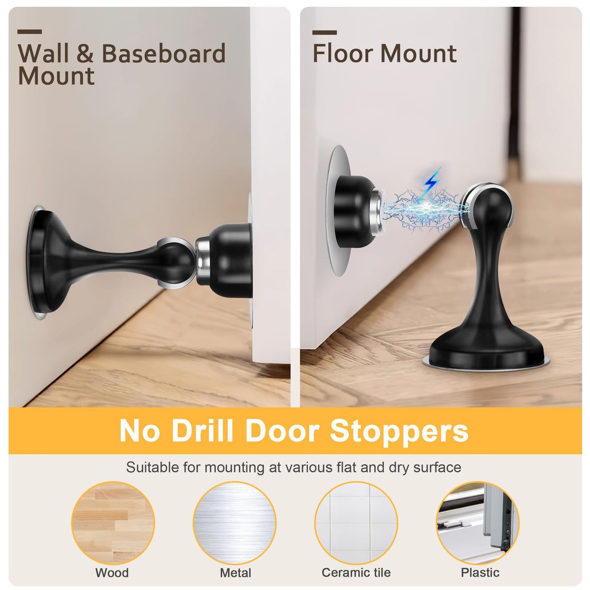 Profasion Magnetic Door Stoppers 4 Pack, Stainless Steel Door Stops for Wall and Floor Mounting, Door Holder Keep Door Open, No Drilling Door Stop with 3D Adhesive Tapes, Black