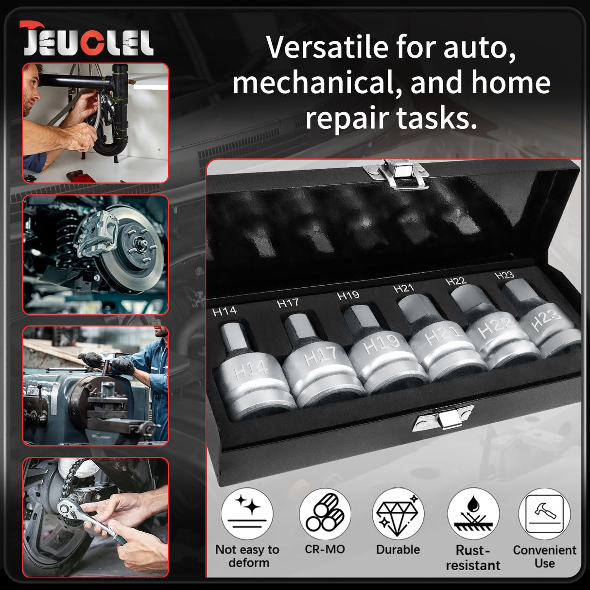 JEUCLEL 6PCS 3/4"Drive Hex Allen Bit Socket set, Cr-MO H14 H17 H19 H21 H22 H23 Drive Impact Hex Socket Kit, Hex Screwdriver Socket Adapter, Hand Repair Remover Tool