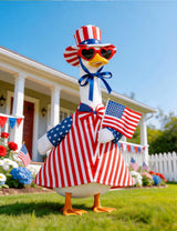 bomis Veterans Day Patriotic Porch Goose Outfits for 23 Inch Lawn Statue – Veteran Tribute Goose Costume with Red Heart Sunglasses, Star‑Striped Top Hat, Handheld American Flag