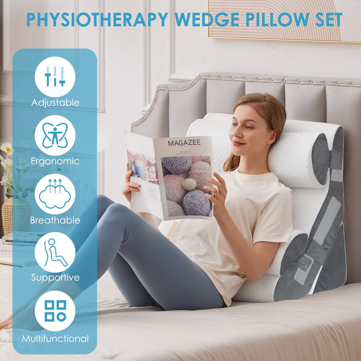 MEGCXIT 4PCS Bed Wedge Pillow for Headboard, 10-in-1 Adjustable Foam Wedge Pillow for Acid Reflux Relief, 23” Wide Triangle Pillow Wedge for Post Surgery, Back Pain Relief & Snoring, White/Grey
