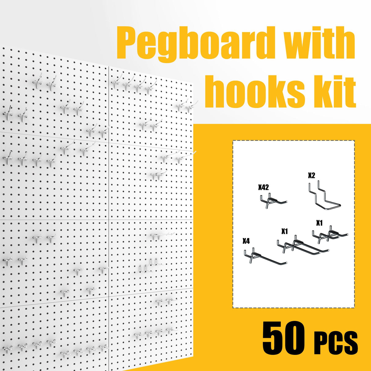 Spampur Peg Board, 8 Pack Metal Pegboard Panels with 50 Hooks, White Pegboards Wall Organizer, Peg Board for Walls Home, Garage Tool Storage, Office Organization, Craft Room,Christmas Gifts