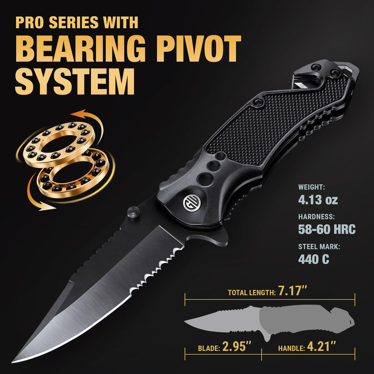 Legal Pocket Knife with Ball Bearing & Case - 5 in 1 Knife - 2.95” Serrated Blade, Glass Breaker, Seat Belt Cutter - EDC Folding Knives with Portable Clip - Tool for Tactical Camping Survival 6680 U