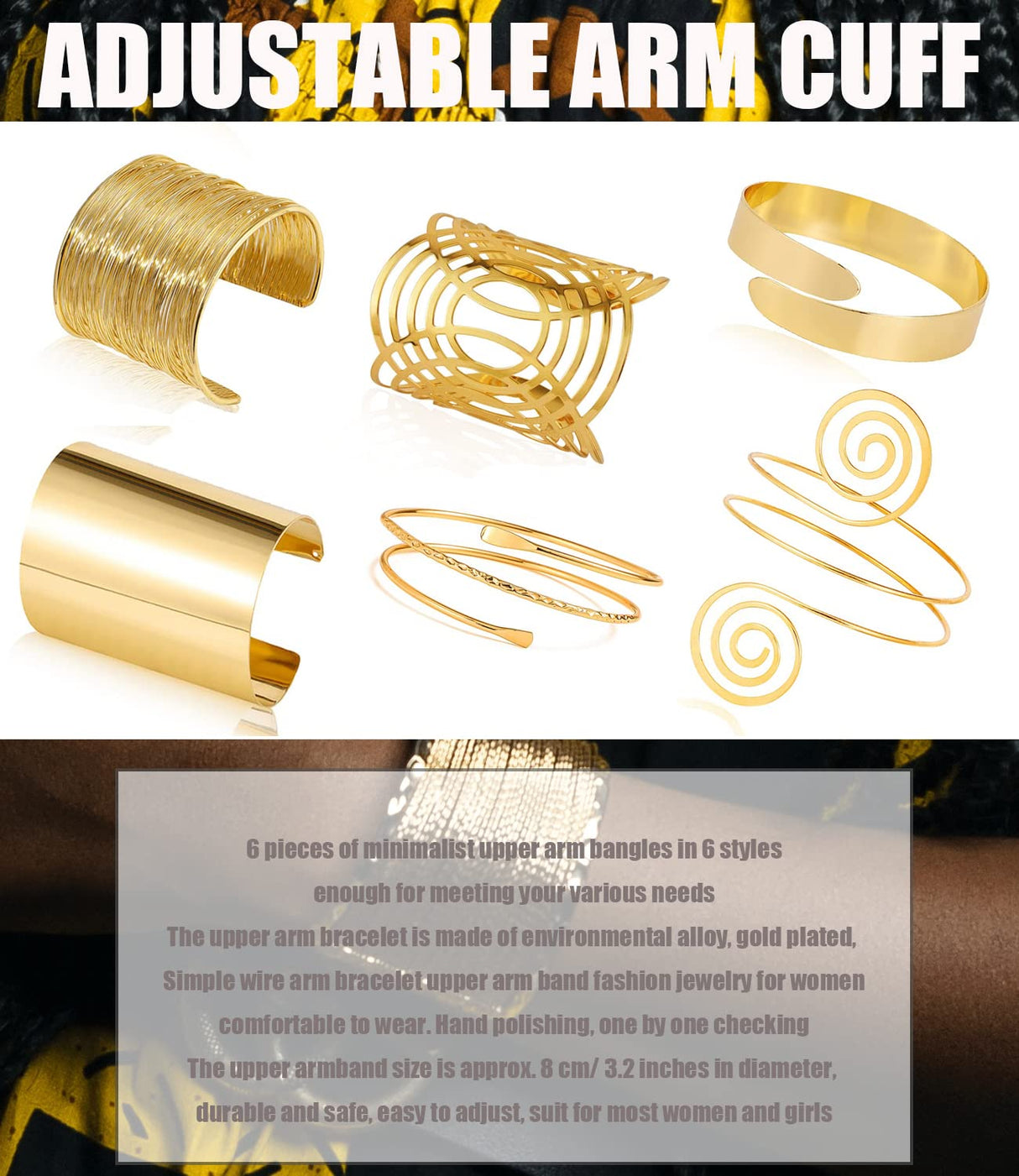 COLOYAN 6Pcs Gold Upper Arm Cuff Bangle Bracelet Set For Women