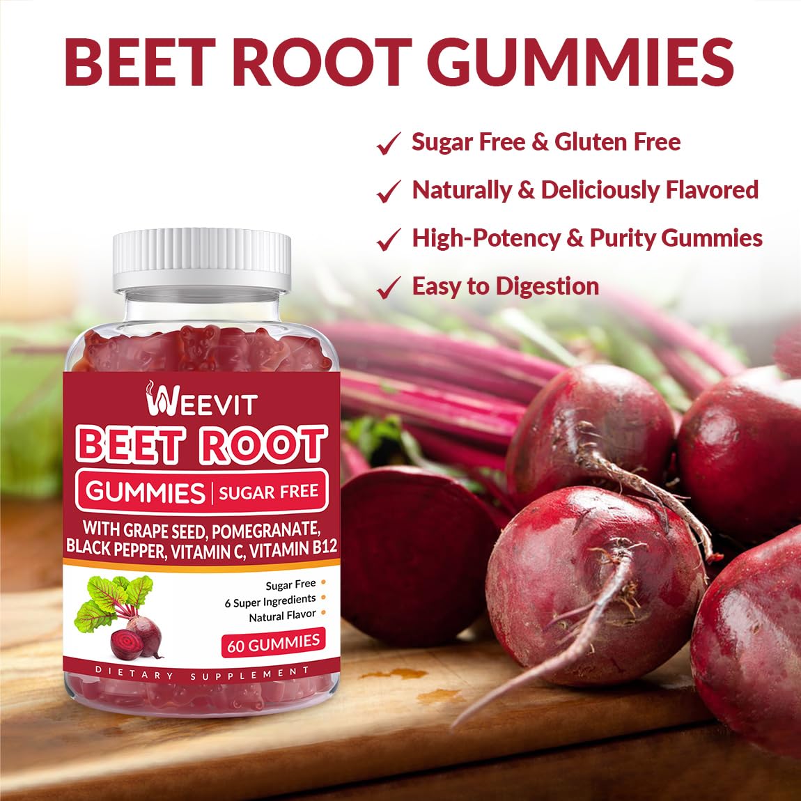 Beet Root Gummies, Nitric Oxide Supplement for Men Women | Organic Beet Gummy with Grape Seed, Pomegranate, Black Pepper, Vitamin C, B12