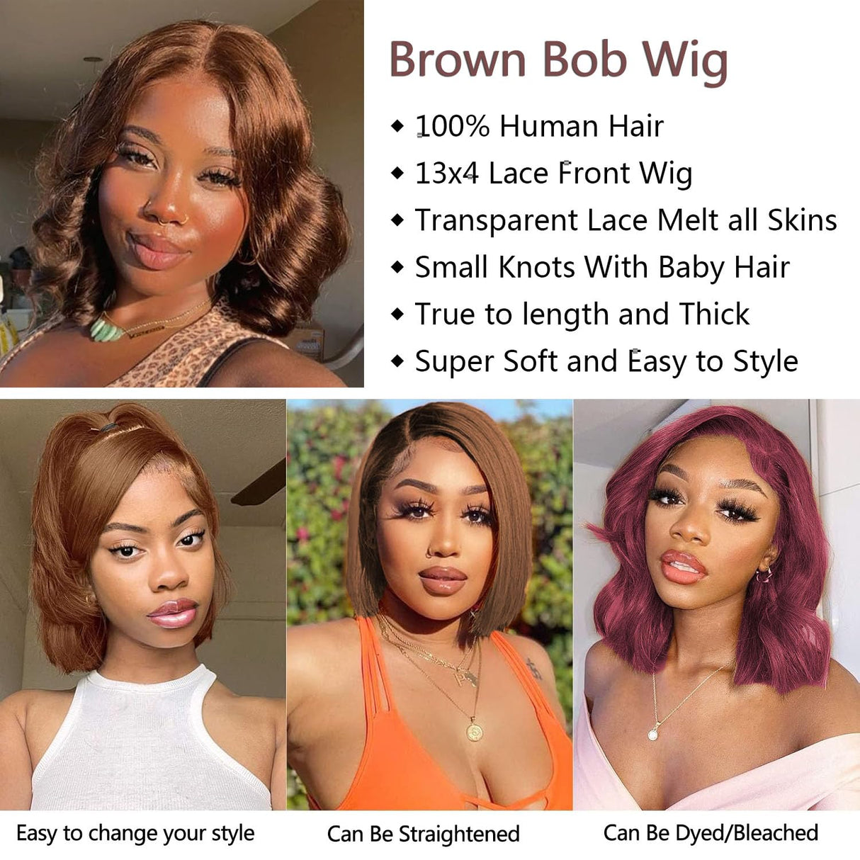 Brown Bob Wig Human Hair 13x4 Frontal Lace Wig 14 Inch Body Wave HD Lace Front Wigs Human Hair Pre Plucked Glueless Bob Wigs for Women (#4 Brown, 14 Inch)