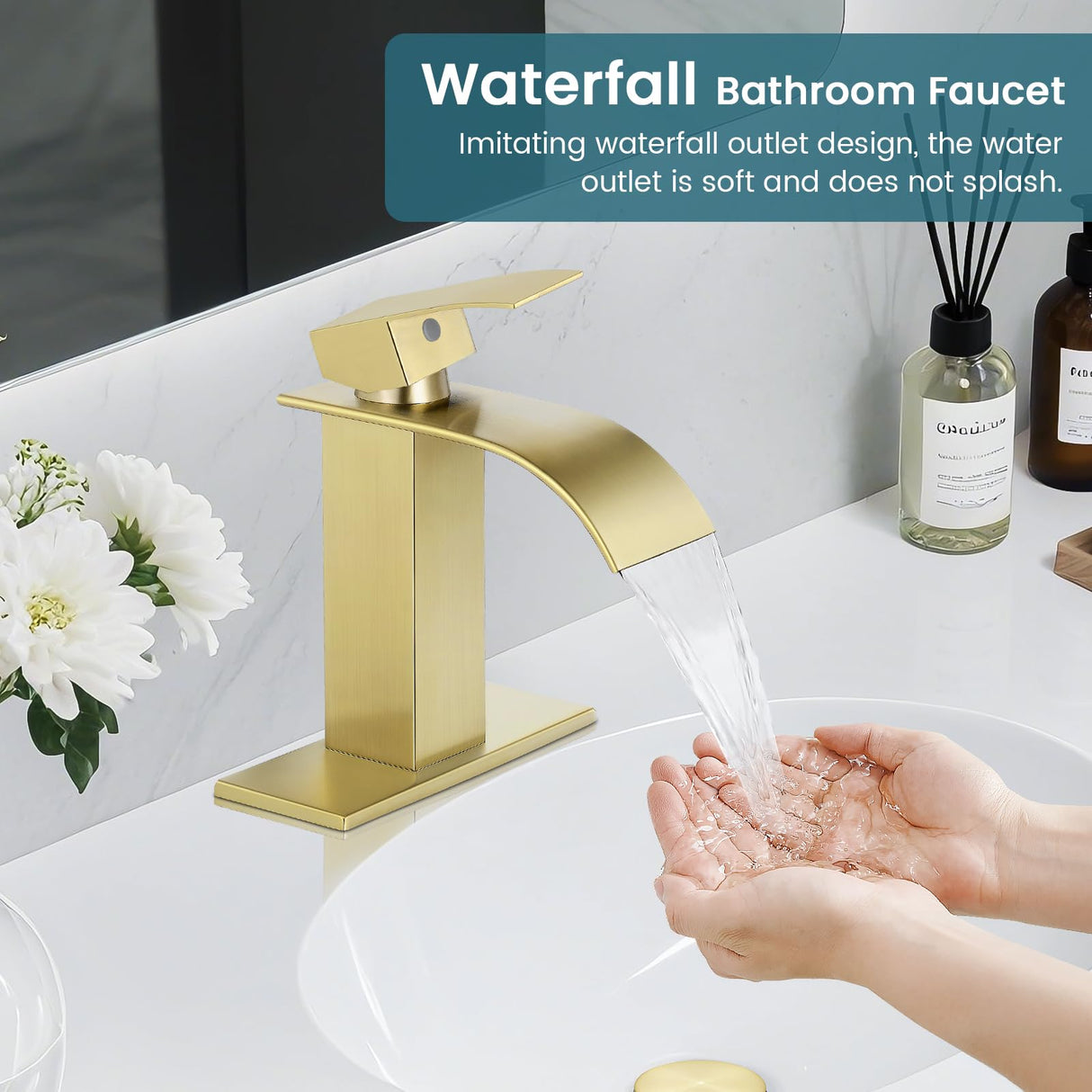 LUFG Bathroom Faucets Brushed Gold Waterfall Bathroom Sink Faucet Modern Single Handle Bathroom Faucet for 1 or 3 Hole Mxier Tap Washbasin Faucet with Deck, Pop-up Drain and Supply Hoses