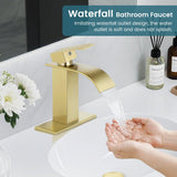 LUFG Bathroom Faucets Brushed Gold Waterfall Bathroom Sink Faucet Modern Single Handle Bathroom Faucet for 1 or 3 Hole Mxier Tap Washbasin Faucet with Deck, Pop-up Drain and Supply Hoses