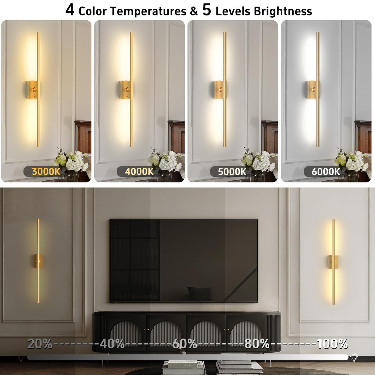 Battery Operated Wall Sconces Set of Two: Dimmable Wireless Wall Lights with Remote, 31-inch LED Rechargeable Sconces, 360° Lighting Wall Scone Decor for TV, Mirror, Bedroom, Living Room(Gold)
