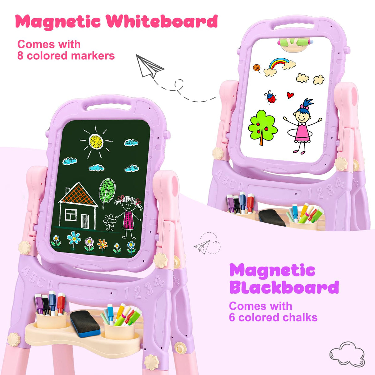 Kids Easels for Toddlers 2-4 Double Sided Kids Art Easel with Magnetic White Board Chalk Board Adjustable Stand Drawing Painting Easel Learning Toys 2 3 4 Year Old Girl Birthday Christmas Gifts Pink