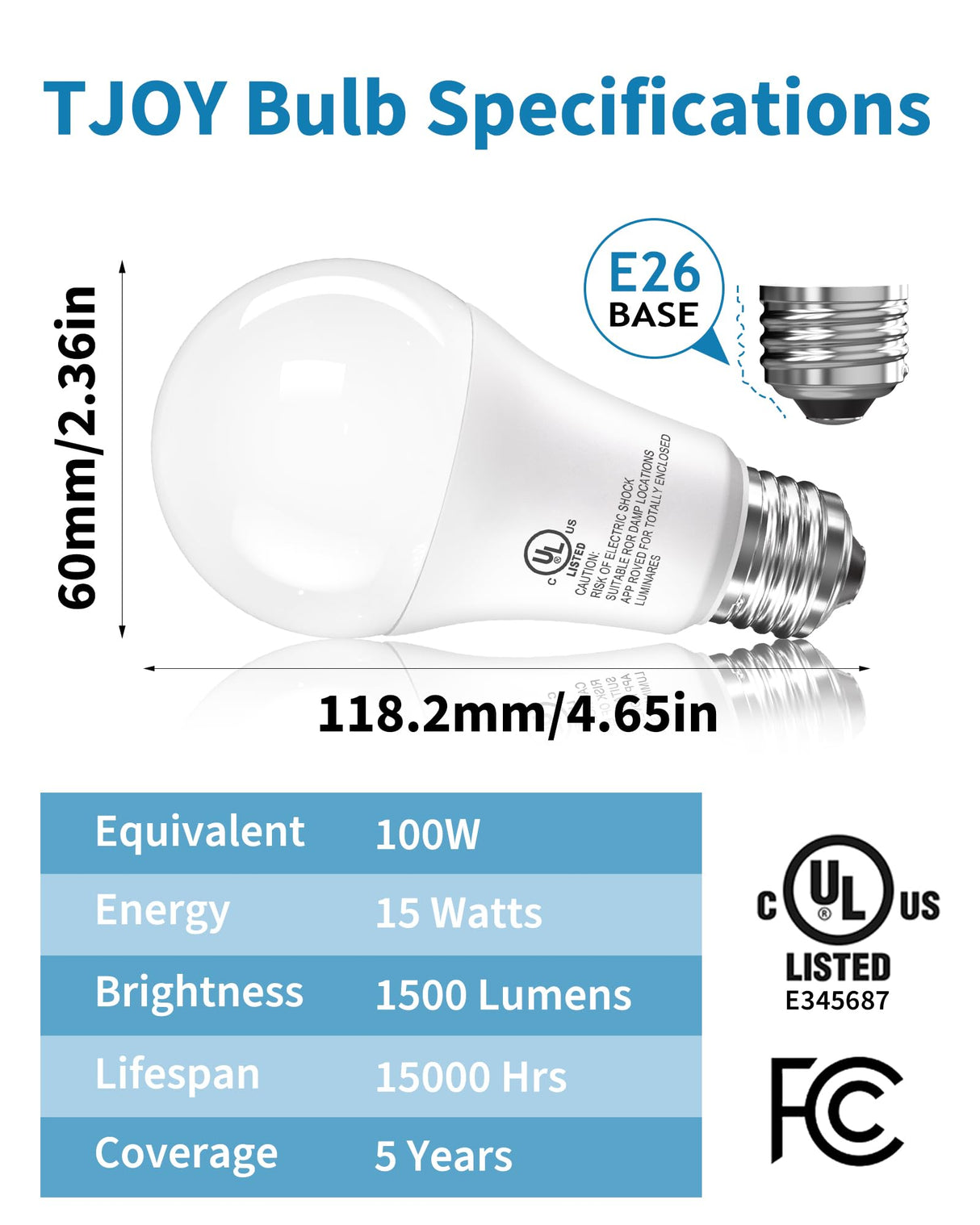 TJOY 12 Pack LED Light Bulbs, 100 Watt Equivalent A19, 5000K Daylight LED Bulb, 15W Bright White Energy Saving Lightbulbs with E26 Standard Base, 1500 Lumens Non Dimmable Lamp for Home Bedroom Indoor