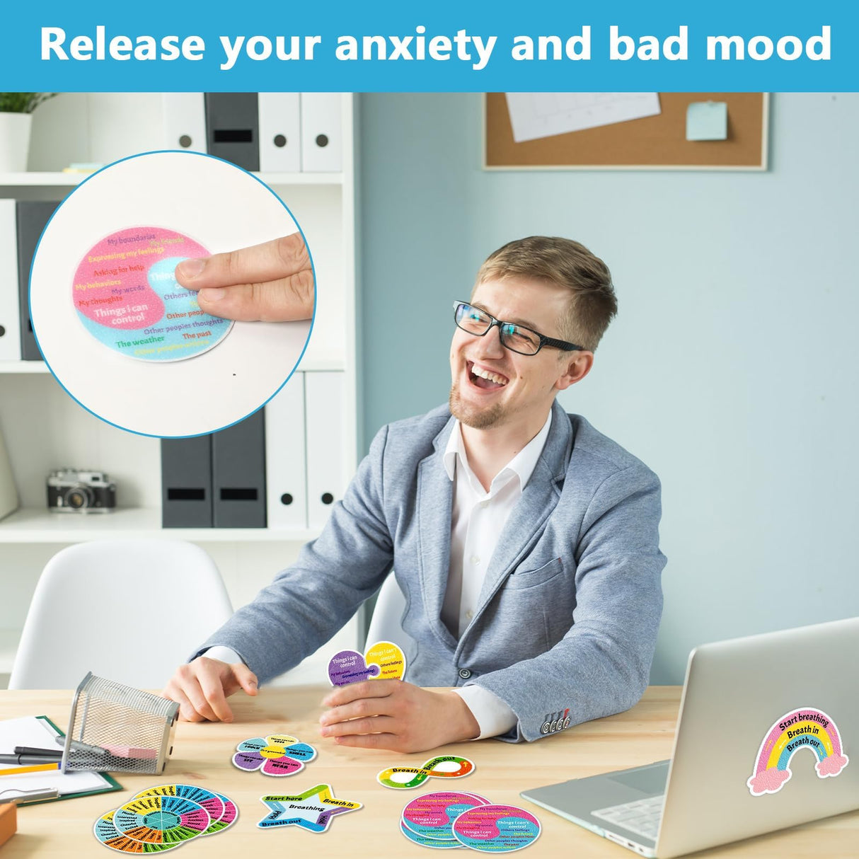 144 Pcs Breath Calm Anxiety Sensory Stickers Reusable Mindfulness Stickers Calming Strips Adhesive Sensory Strips for School Office Classroom Desk Teens Counselor Fidget Supplies Christmas Gifts