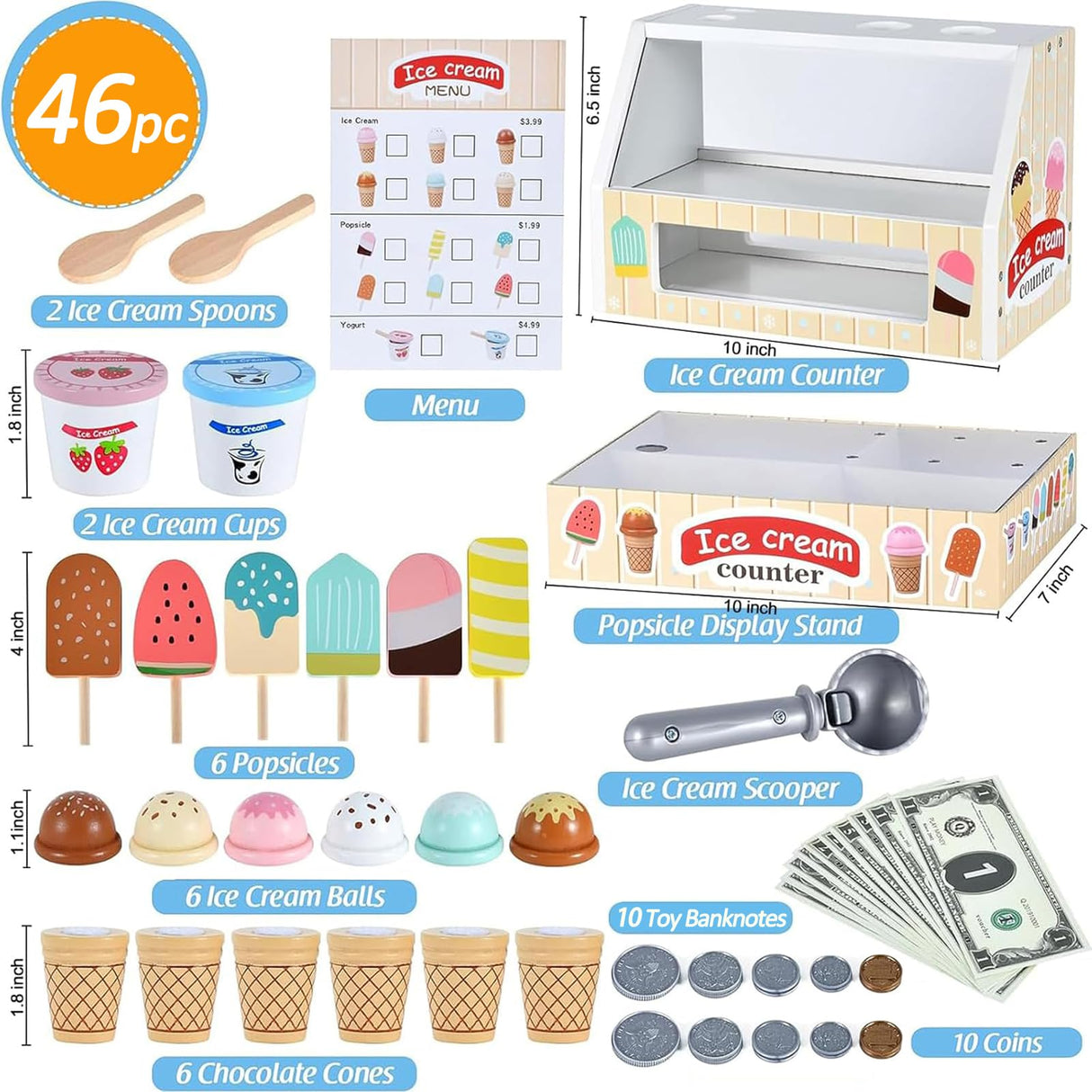 Wooden Ice Cream Toys Kids Play Store Pretend Toy for Toddlers, Play Kitchen Accessories with Scoop, Menu, Fake Money, Ice Cream Play Set Birthday Christmas Gifts for 3 4 5 6 Year Old Girls Boys