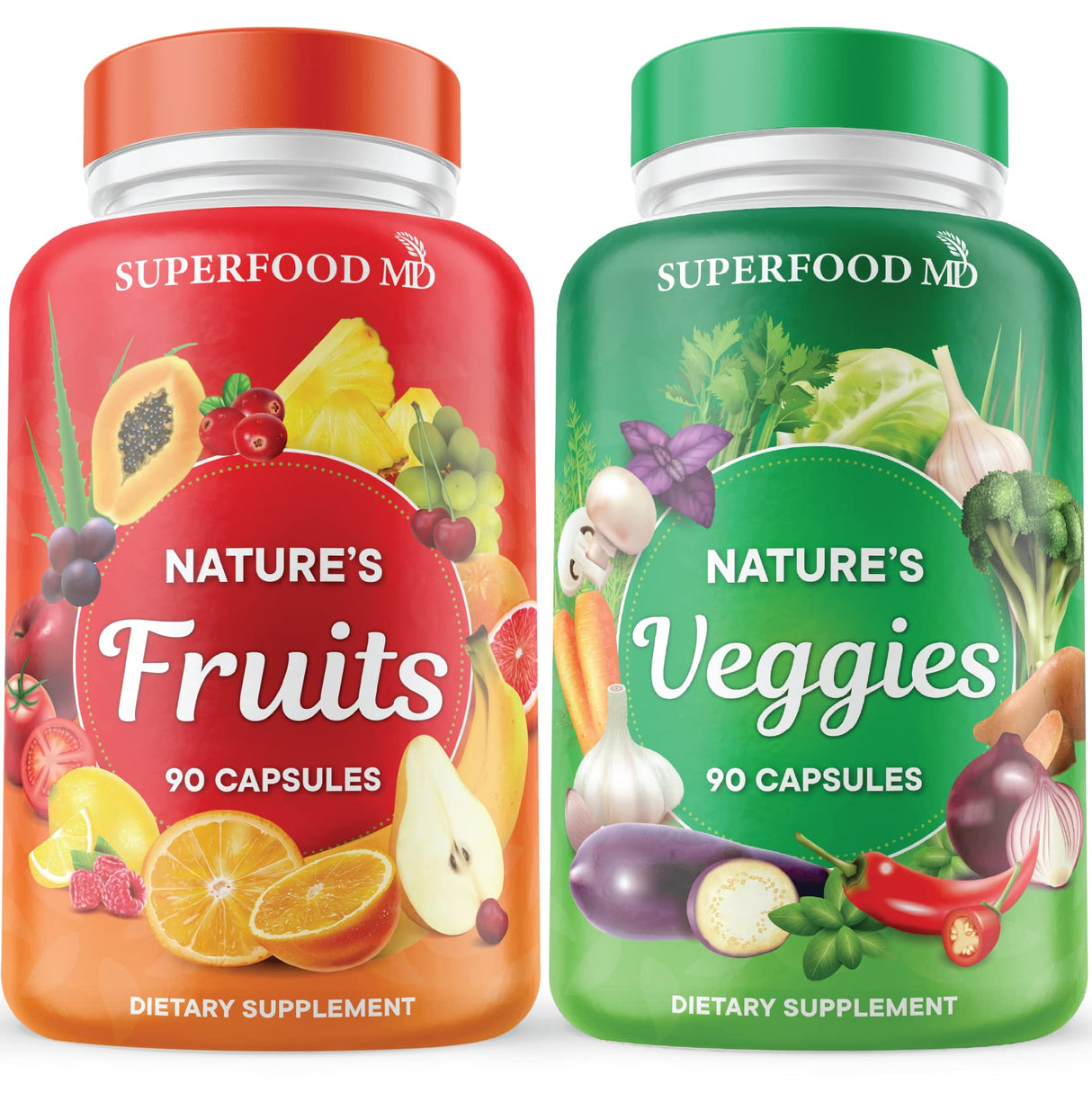 Superfood MD Fruits & Veggies Supplement - Whole Food Natural Superfoods - Supports Energy Levels, with Aloe Vera - Soy Free- 90 Count (Pack of 2)