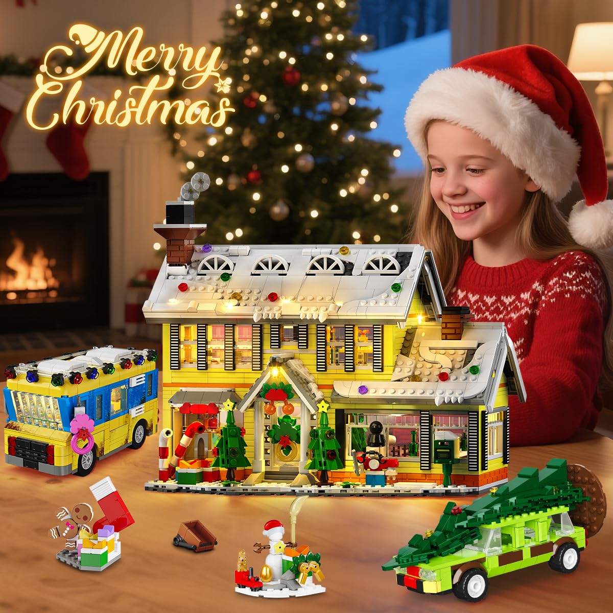 CUBIMANA 2025 Christmas Gingerbread House Village Building Set with Light - 1993PCS Holiday Snow Village Mini Building Blocks Toy with Bus & Pickup Truck Xmas Gifts for Adults Kids Boys Girls Age 12+