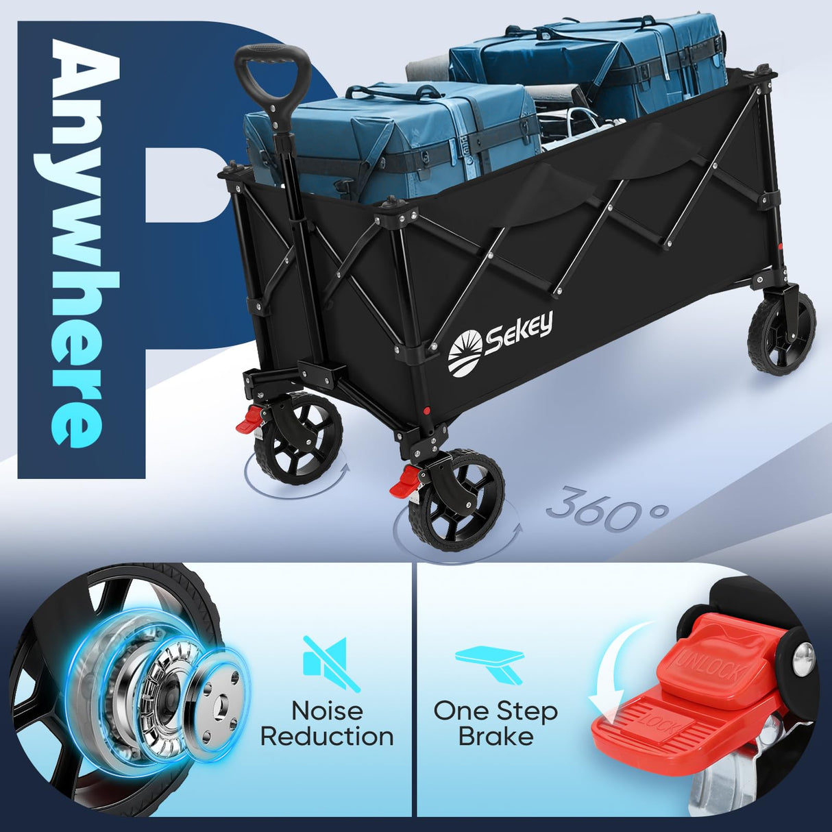 Sekey Collapsible Foldable Wagon with 300lbs Weight Capacity, Heavy Duty Folding Wagon Cart with Big All-Terrain Wheels.Black