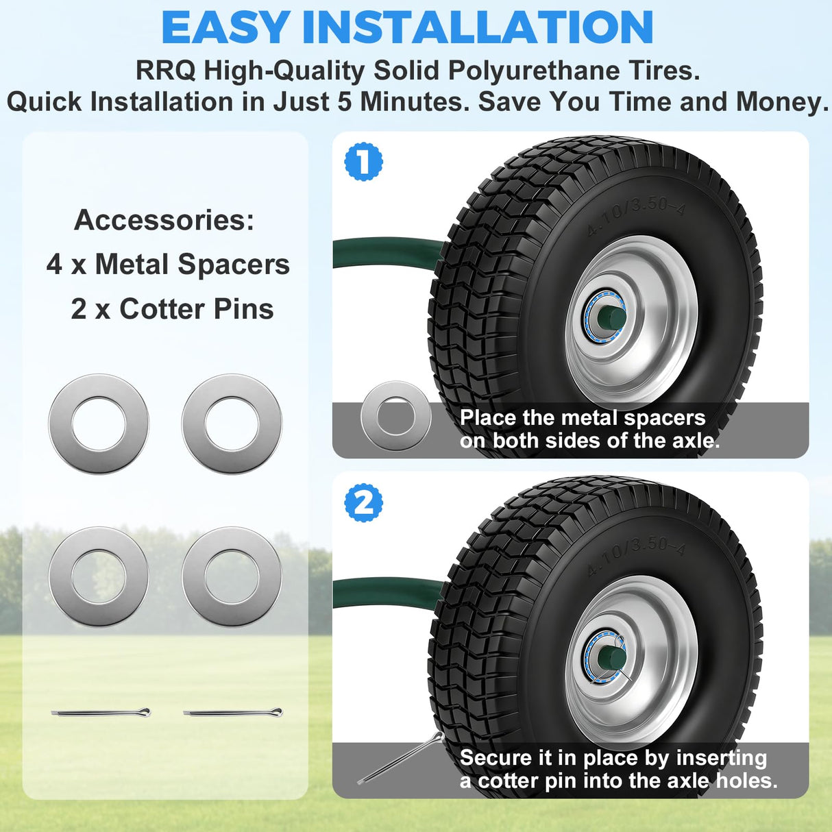 RRQ 4.10/3.50-4 Flat Free Tire and Wheel, 10" Heavy Duty Solid Tire, 2 Pack