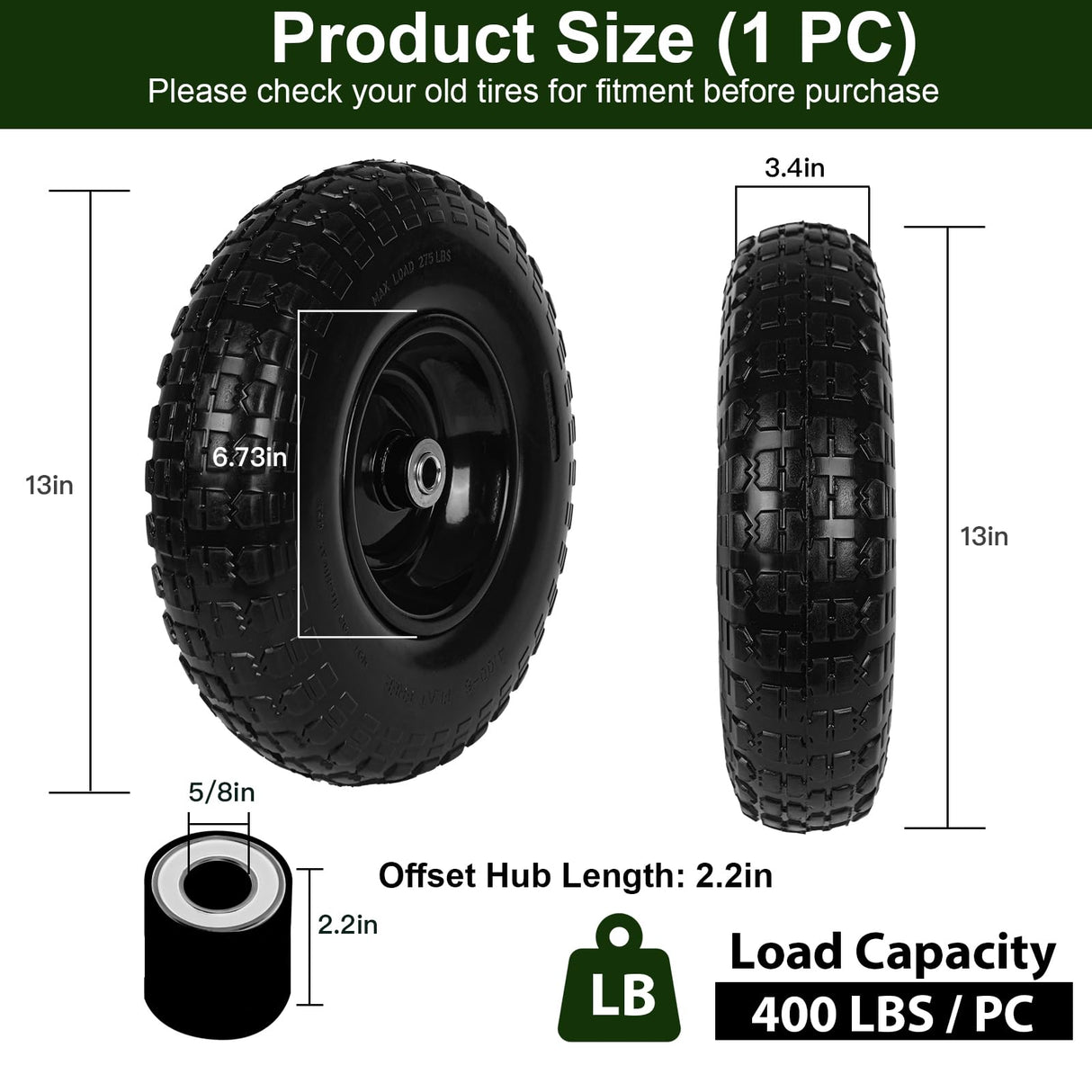 Taifa 1 PC 13 Inch Rubber Solid Flat Free Replacement Tires and Wheels 4.00-6 with 5/8'' Axle Bore Hole, Air Less Wheel for Wheelbarrow/Wagon/Hand Truck/Trolley/Garden Scooter etc.