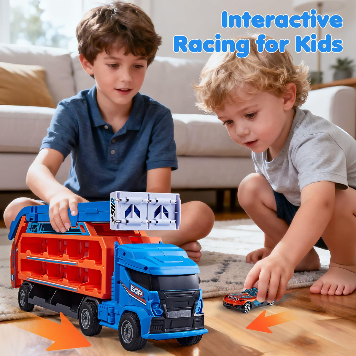 Race Track Truck Toys for 3 4 5 6 Years Old Kids - Carrier Truck Transport Car with 6 Die-Cast Cars Toys, 4-in-1 Truck with 2 Foldable Race Tracks, Christmas Birthday Gifts Toy for Toddler Boys, Blue