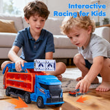 Race Track Truck Toys for 3 4 5 6 Years Old Kids - Carrier Truck Transport Car with 6 Die-Cast Cars Toys, 4-in-1 Truck with 2 Foldable Race Tracks, Christmas Birthday Gifts Toy for Toddler Boys, Blue