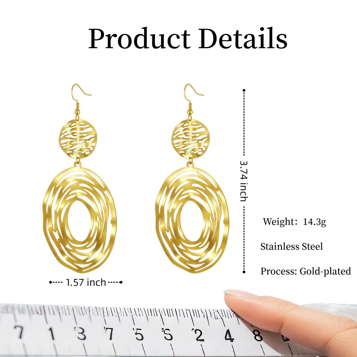 Hpoewre Gold Statement Dangle Earrings, 18K Gold Plated Hollow Out Earrings for Women, Long Dangling Bohemian Earrings, Handmade Trendy Geometric Round or Heart Drop Fish Hook Earring