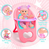 deAO Baby Doll Play Set with Crib,High Chair Feeding Accessories,White