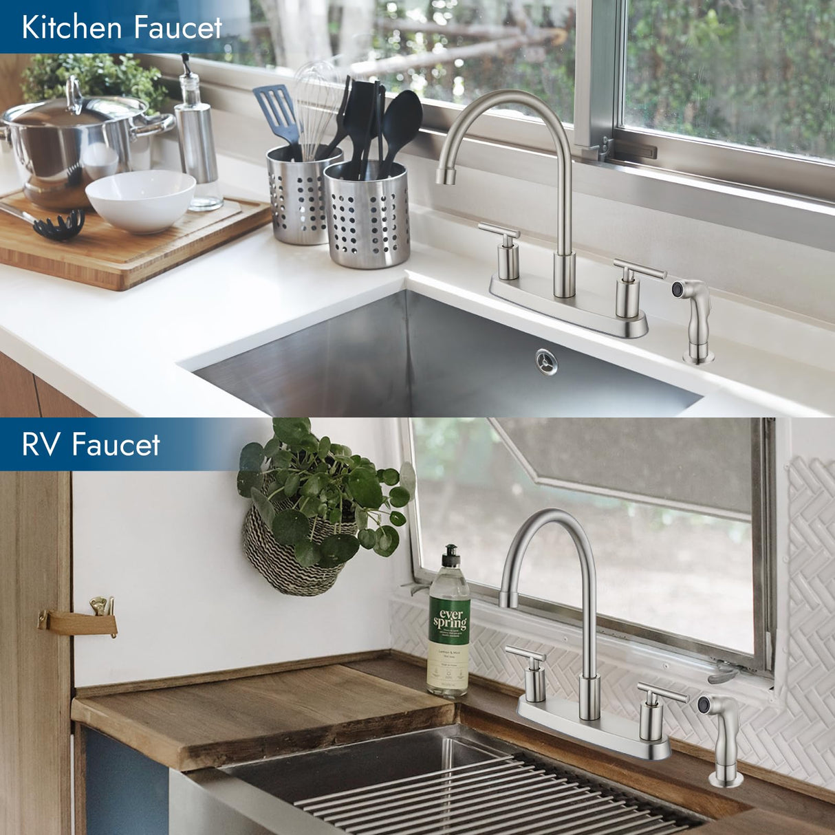 Cinwiny Kitchen Faucet, High Arc 360° Swivel Spout, 2-Handle 8 Inch Centerset Kitchen Sink Faucet with Side Sprayer, 3 or 4 Hole Kitchen Faucet for RV, Utility & Laundry Sink, Brushed Nickel