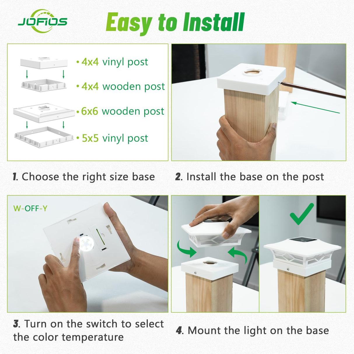 JOFIOS Solar Fence Post Lights, Cap Lights for 4x4/5x5 Vinyl Fence and 4x4/6x6 Wooden Post, Warm White/Cool White Lighting, White Solar Cap Outdoor Waterproof Decorate Garden Pathway Dcek Patio
