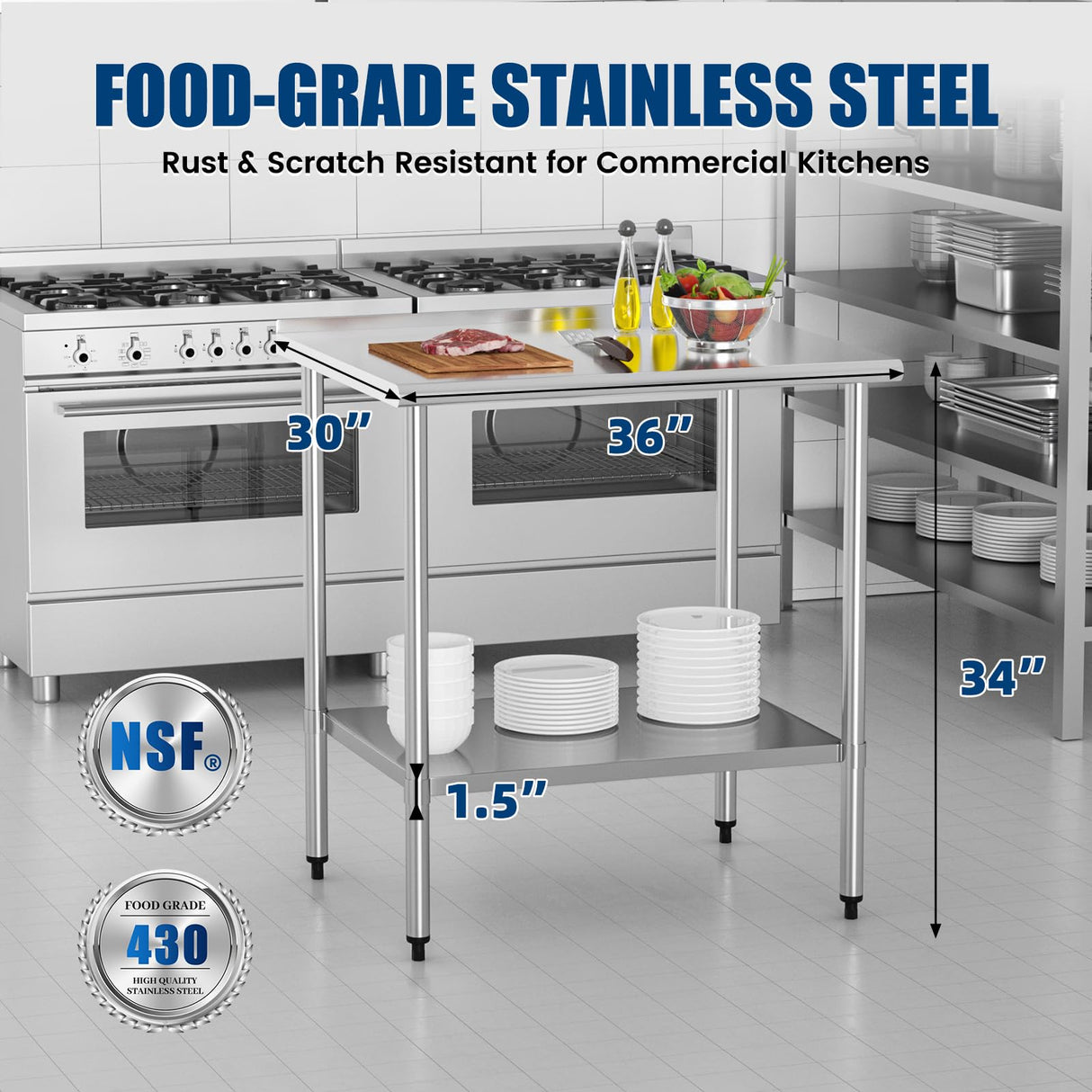 Chingoo Stainless Steel Work Table 30x36 Inch with Adjustable Undershelf & Backsplash, Heavy-Duty Prep Table for Commercial Kitchen, Restaurant, Garage, Outdoor