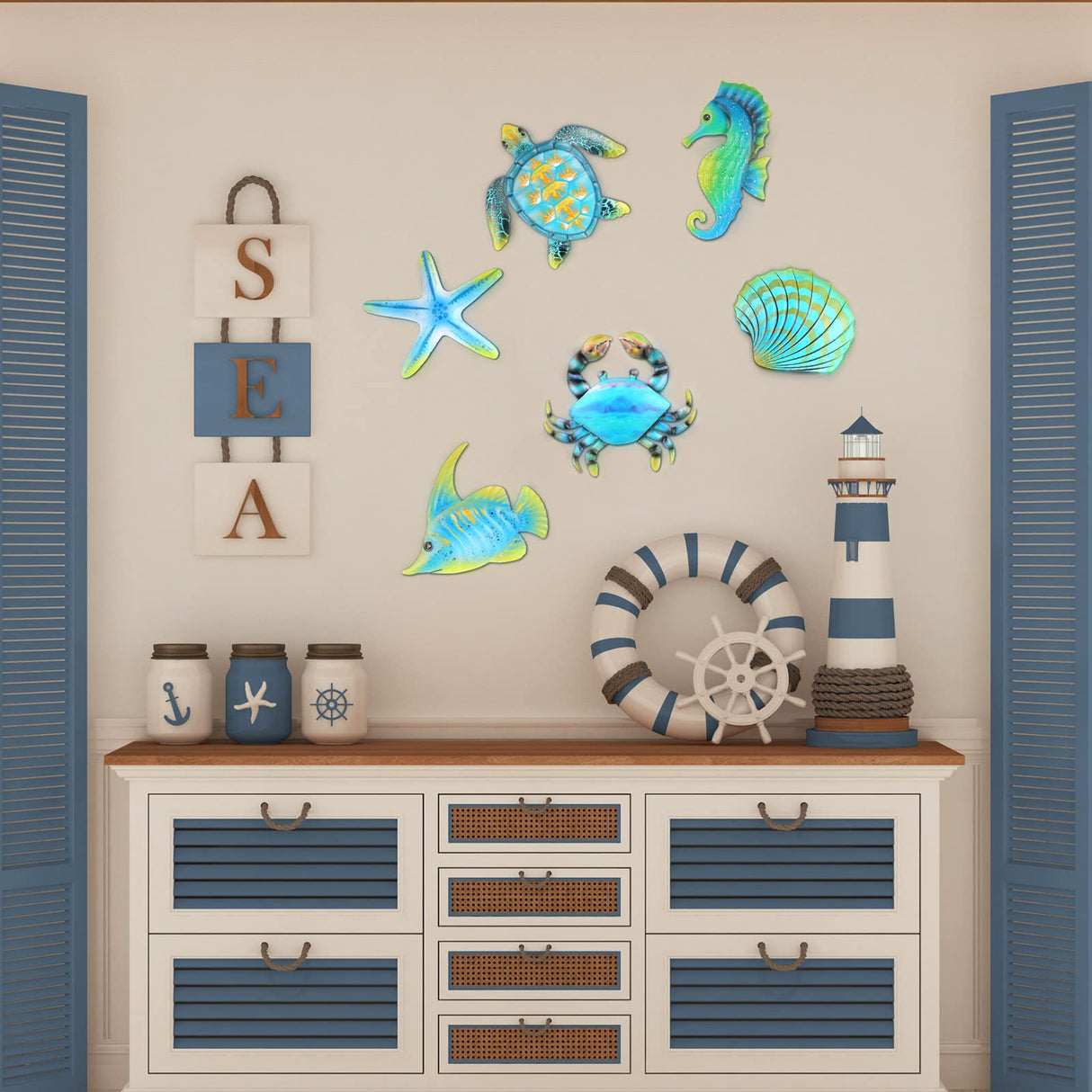 Lounsweer 6 Pcs Metal Fish Wall Art Decor, Ocean Sea Turtle Starfish Wall Sculpture Outdoor Ocean Hanging Decorations for Garden, Pool, Fence, Patio, Bathroom Indoor