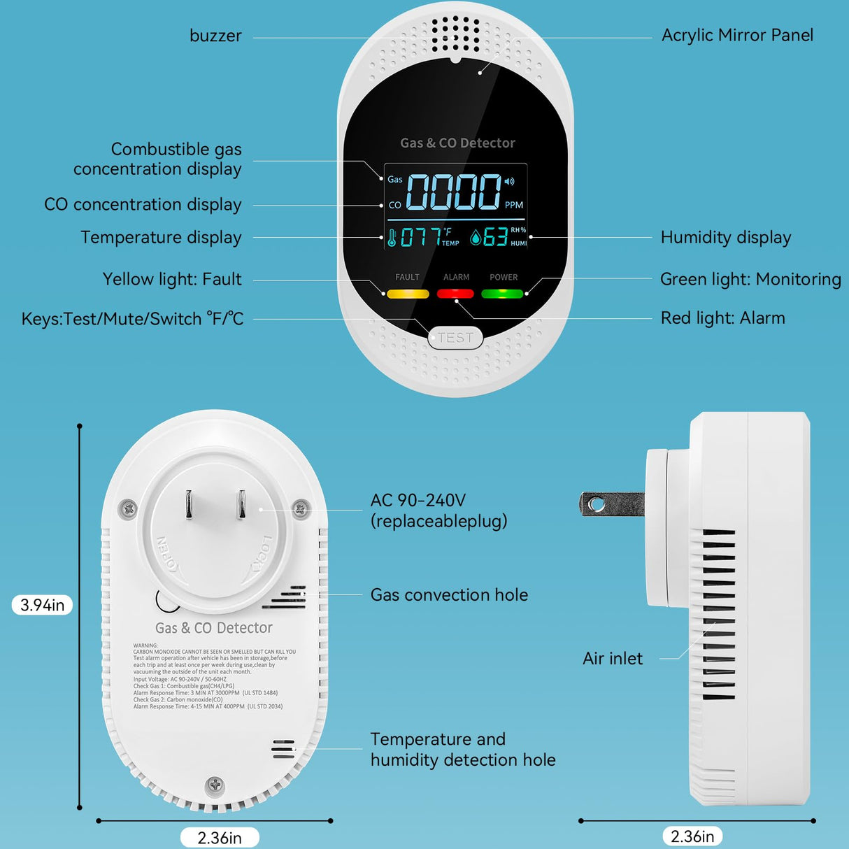 4-in-1 Carbon Monoxide Detectors,Plug in Combustible Gas Detector,Natural Gas & Co Gas Alarm Detectors with Temperature Humidity Display,Clear LCD Screen Sound Light Dual Alarm for Home RV Travel