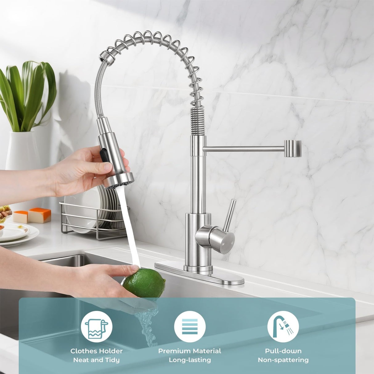 KHQF Kitchen Faucet with Pull Down Sprayer,Commercial Single Handle Stainless Steel Kitchen Faucets with Deck Plate (Brush Nickel)