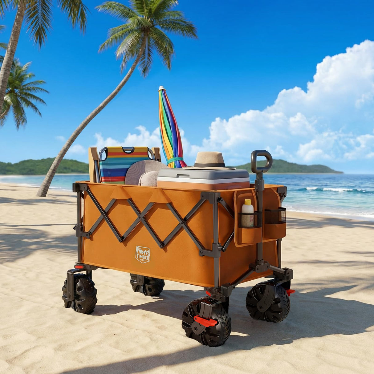 TIMBER RIDGE Outdoor Collapsible Folding Wagon with Brakes and Cup Holders, 500lbs Heavy Duty All Terrain Wheels Utility Cart for Shopping Camping Garden Sports, Orange