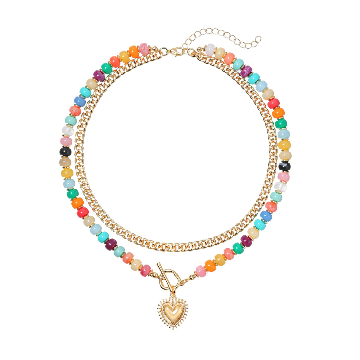ALFISO Layered Necklaces for Women, Colorful Acrylic Beads & Heart Pendant