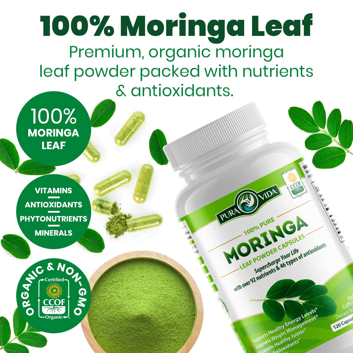 Pack of 3 PURA VIDA MORINGA Capsules Single Origin Organic Moringa Powder. Moringa Leaf. Energy, Metabolism, & Immune Support. 120ct. 500mg Caps. (Pack of 3)