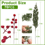lovemoon 70Pcs Christmas Artificial Pine Stems with Red Berries, Faux Cedar Branches, Fake Christmas Greenery Pine Picks with Berries Stems for DIY Crafts, Garland Wreath & Home Xmas Decor (70)