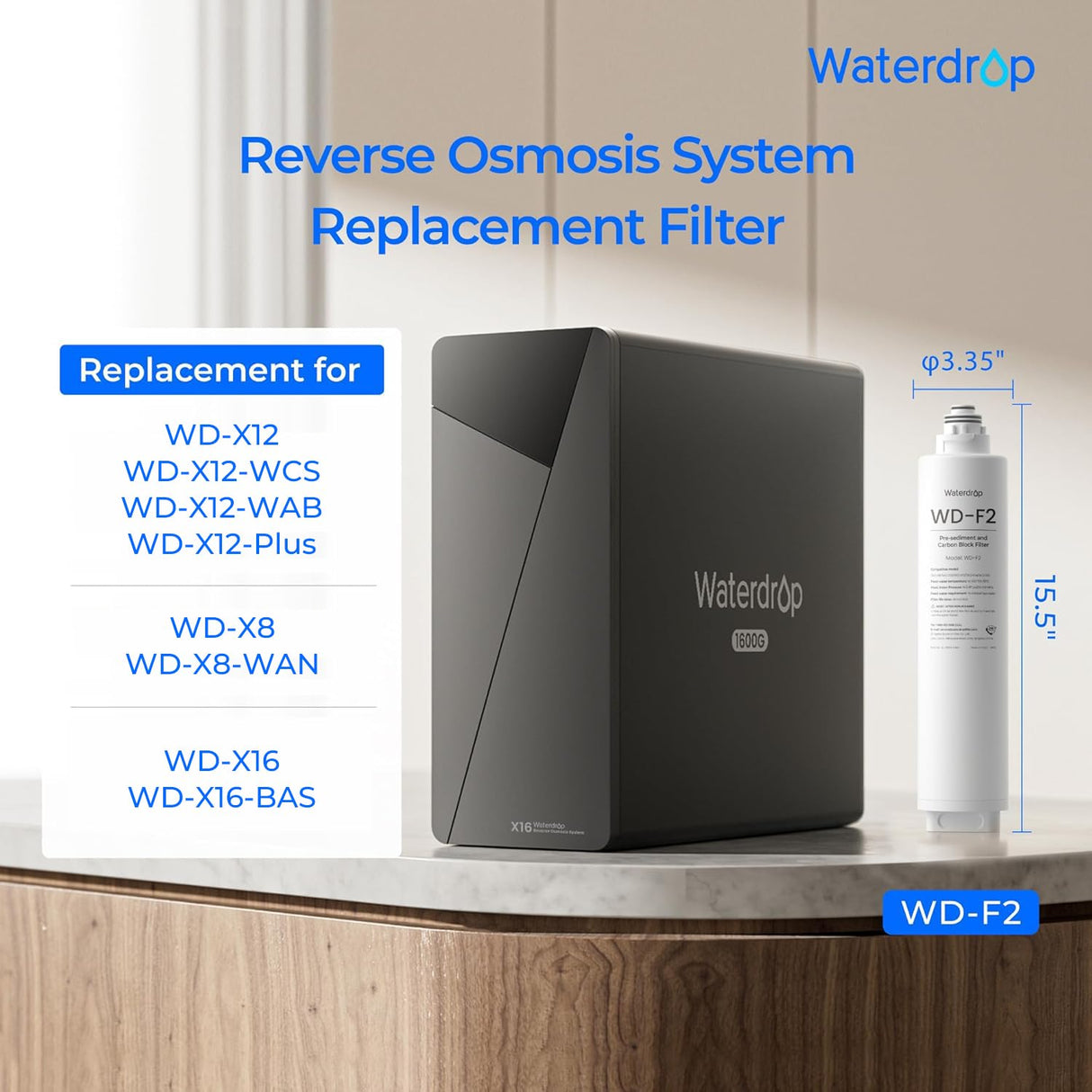 Waterdrop F2 Filter, Replacement for X8 & X12 & X16 Undersink Reverse Osmosis System, [ NOT for X8PRO & X12PRO ], 6-month Lifetime