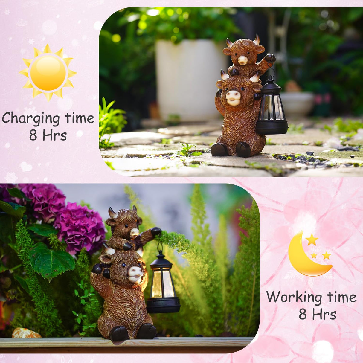 Tiejiajiang Solar Highland Cow Garden Decor - Resin Cow Statue with Solar Lantern Outdoor Yard Patio Decor - Ideal Gifts for Women,Mom Men (Copper)