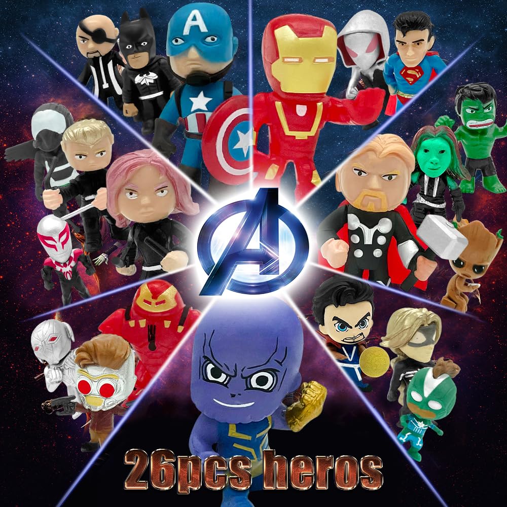 DLOCVN Mini Superhero Toys, 26PCS Minifigures Small Action Figures Superhero Party Birthday Decorations for Kids’ Christmas Stocking, Easter Eggs Cake Toppers Collectibles