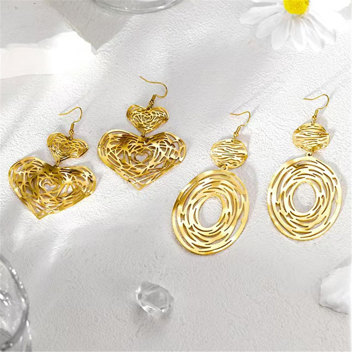Hpoewre Gold Statement Dangle Earrings, 18K Gold Plated Hollow Out Earrings for Women, Long Dangling Bohemian Earrings, Handmade Trendy Geometric Round or Heart Drop Fish Hook Earring