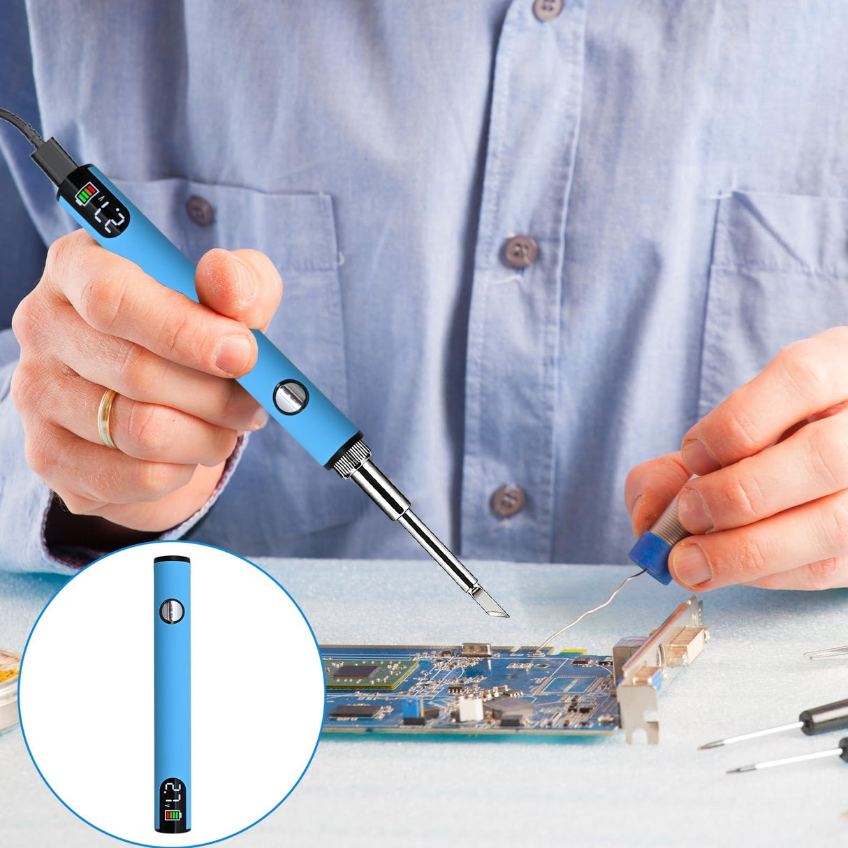 ZMJY Portable Soldering Iron Cart Pen - USB-C Rechargeable with LED Screen, 510 Thread Universal Connector, 3-Temp Ceramic Heating (200-450°C), 650mAh for Electronics Repair, DIY, & Phone Fix (Blue)
