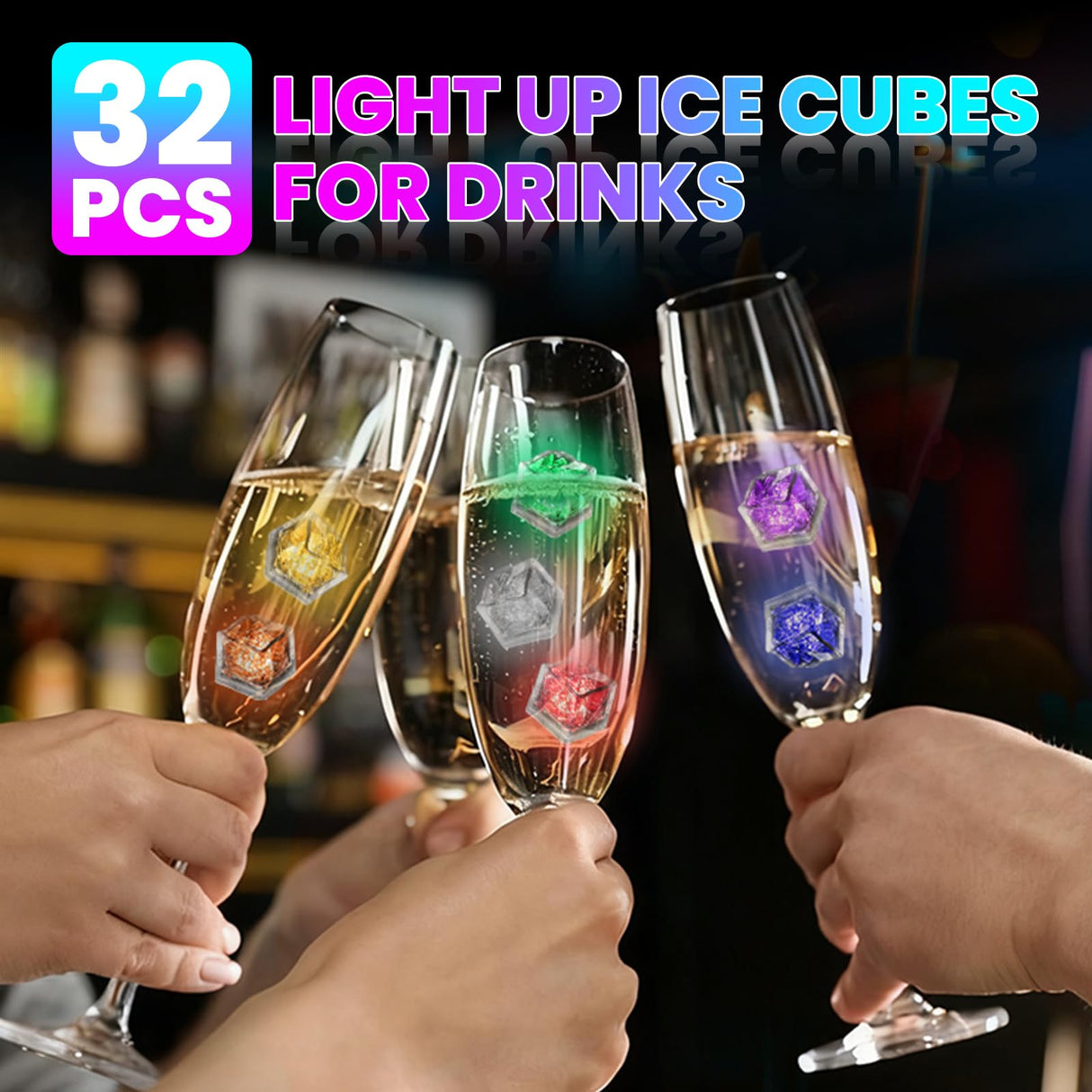 Light Up Ice Cubes, 32 Pack Multi Color Led Ice Cubes for Drinks IP67 Waterproof Reusable Glowing Flashing Changing Lights Water Activated Drink Lights for Cocktails Christmas Party Bar Wedding