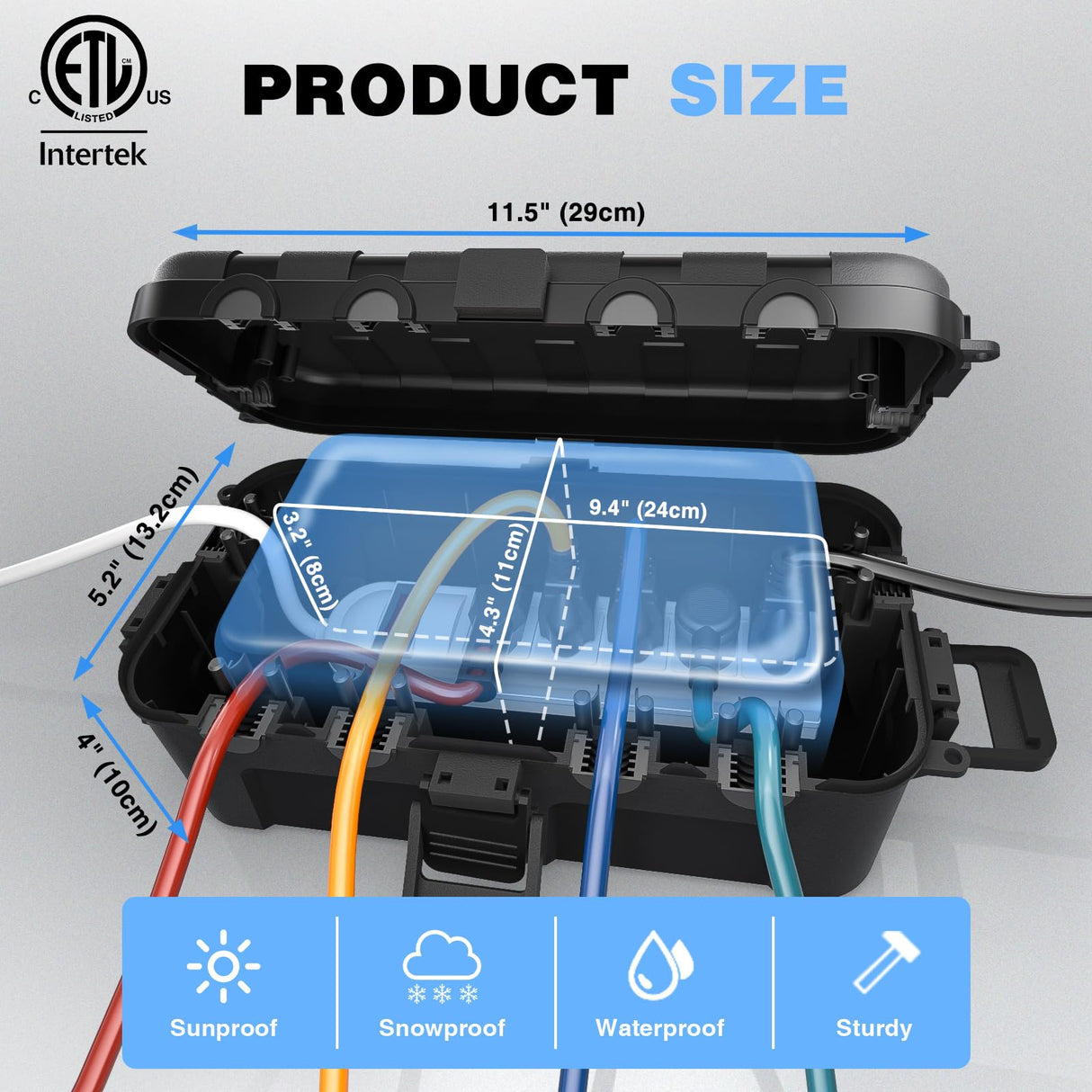 Flemoon Medium Outdoor Electrical Box, ETL Certified IP54 Waterproof Extension Cord Cover w/6 Cable Entry Ports, Weatherproof Connection Box for Power Strip, Timer, Plug, Holiday Lights, Black