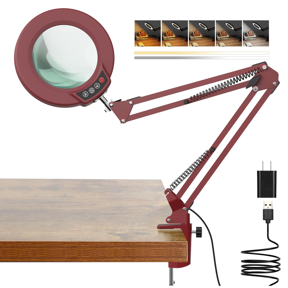 10X Magnifying Glass with Light and Clamp, Real Glass Stand Lighted Magnifier, 5 Color Modes Stepless Dimmable LED Desk Lamp Hands Free for Crafts Hobby Reading Painting Sewing Close Work - Red