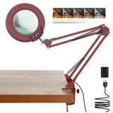 10X Magnifying Glass with Light and Clamp, Real Glass Stand Lighted Magnifier, 5 Color Modes Stepless Dimmable LED Desk Lamp Hands Free for Crafts Hobby Reading Painting Sewing Close Work - Red