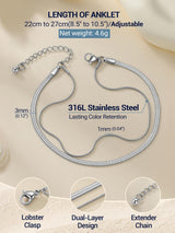 PROSTEEL Ankle Bracelets for Women Waterproof, Layered Snake Stainless Steel Summer Beach anklets, Silver 8-10.5 Inch Adjustable, Come with Box