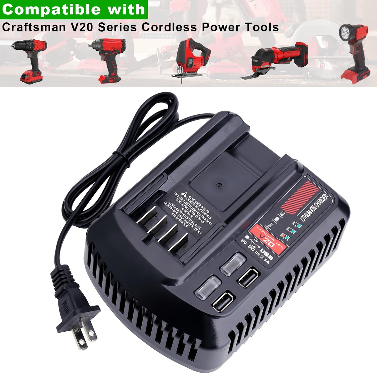 V20 Battery Fast Charger CMCB104 Replacement for Craftsman V20 20V max Lithium Battery Charger for CMCB201 CMCB202 CMCB204 CMCB205 CMCB206, with 2 USB Ports
