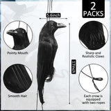 Lewtemi 2 Pcs 17 Inch Realistic Hanging Dead Crows Decoy Life Size Black Feathered Crow Fake Black Crows for Garden Decorations